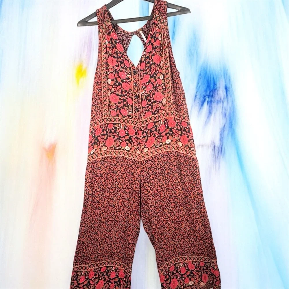 Free People Red Boho Pattern Jumpsuit with V-Neckline and Relaxed Fit Open Back - Picture 6 of 12